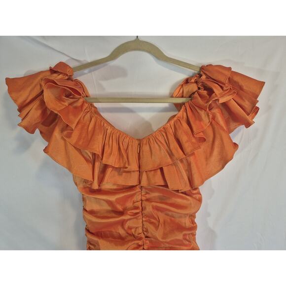 New Lovers & Friends Orange Nikolina Ruffled Off the Shoulder Ruched Dress Small - Picture 8 of 8